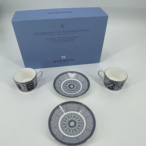 Wedgwood Celebration of the Millennium Bone China Pair Cups/Saucers Original Box - Picture 3 of 12